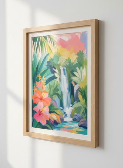 Tropical Jungle Waterfall Print | Vibrant Hibiscus Landscape, Boho Wall Art Decor