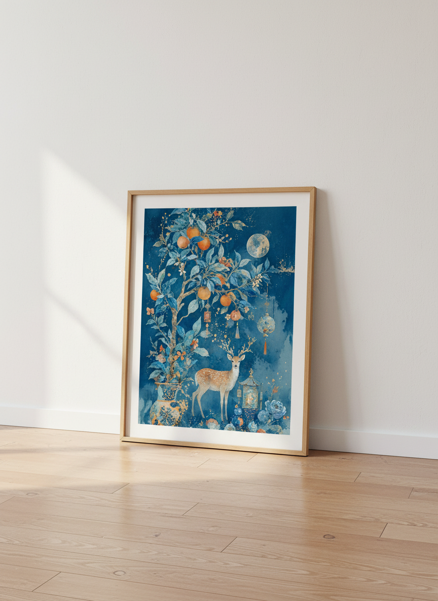 Mystical Deer &amp; Moon Wall Art | Chinoiserie Blue &amp; Orange Poster | Living Room Decor
