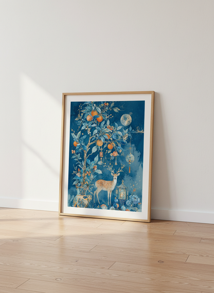 Mystical Deer &amp; Moon Wall Art | Chinoiserie Blue &amp; Orange Poster | Living Room Decor