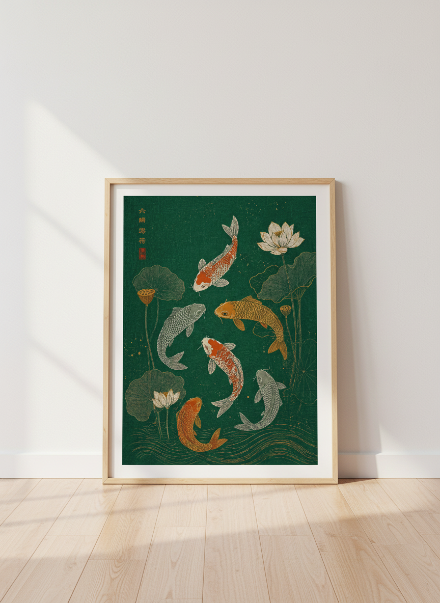Koi Fish Pond Wall Art | Emerald Green Japanese Style Print, Zen Living Room Decor