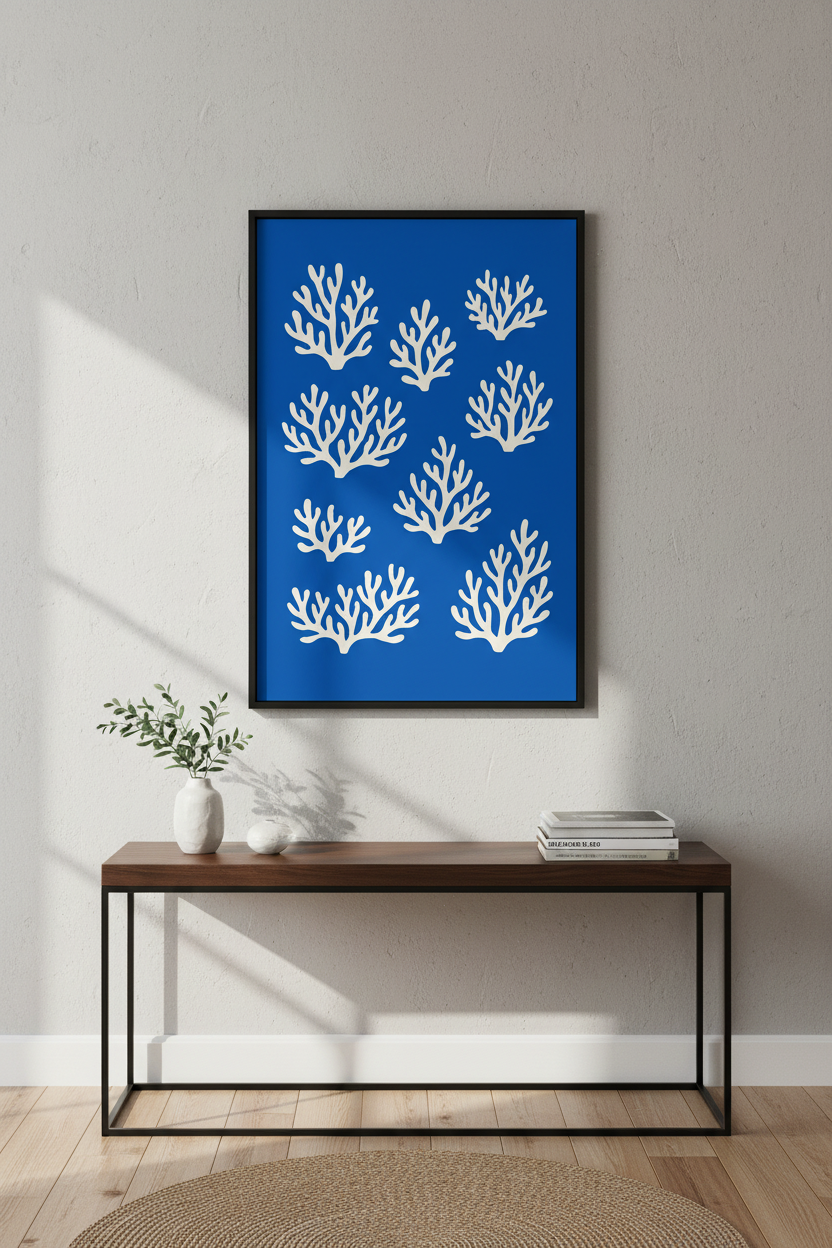 Coastal Minimalist Coral Wall Art Print | Ocean Blue Living Room Decor | Nautical Framed Poster | Ready To Hang Wall Decor