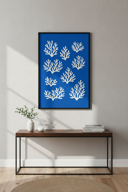 Coastal Minimalist Coral Wall Art Print | Ocean Blue Living Room Decor | Nautical Framed Poster | Ready To Hang Wall Decor