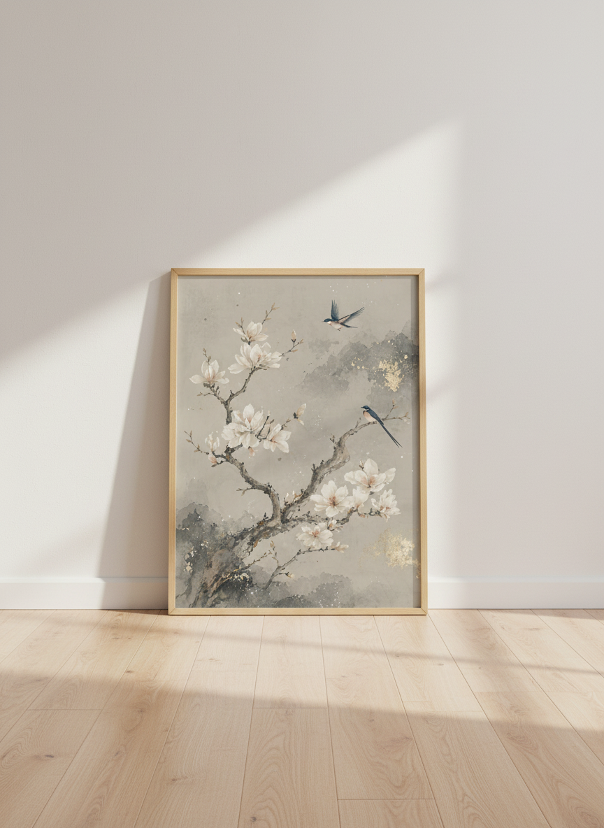 Magnolia Blossom &amp; Bird Wall Art | Neutral Chinoiserie Print, Zen Lounge Decor