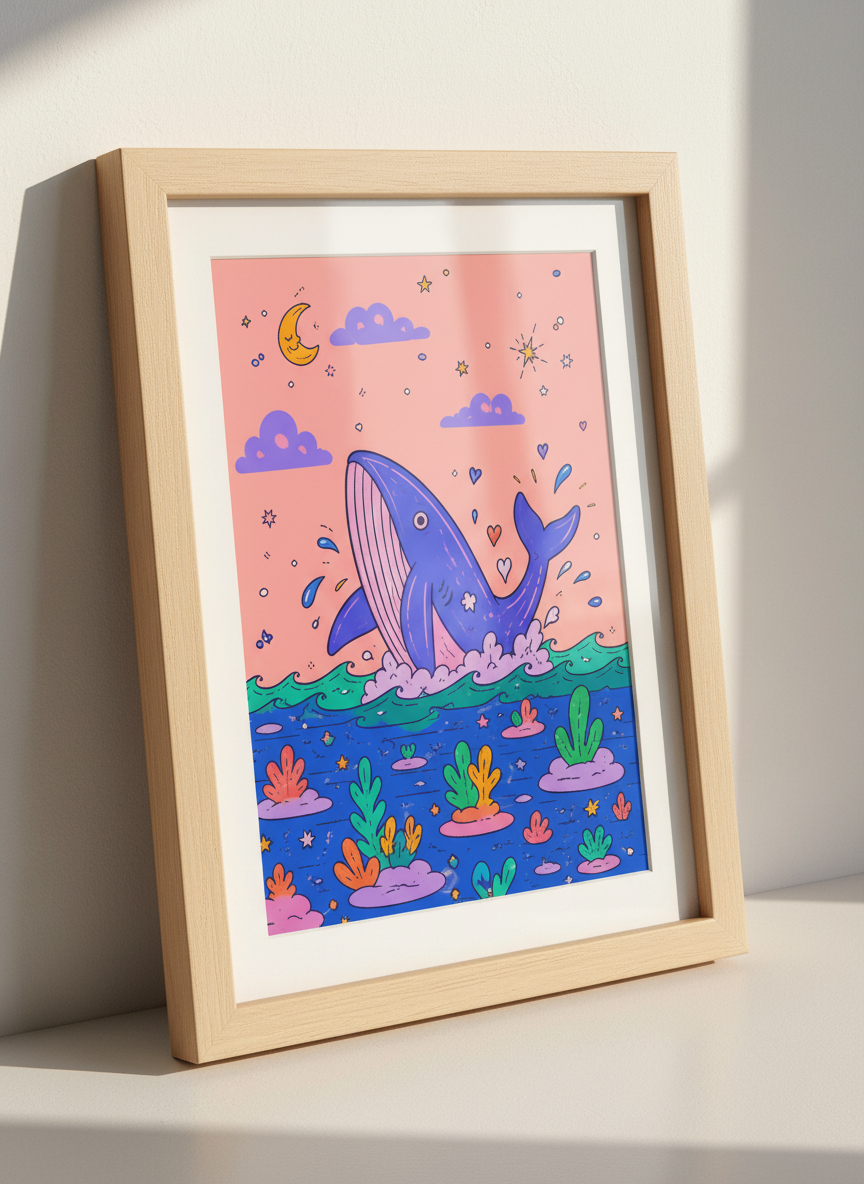 Whimsical Whale &amp; Night Sky Art | Purple &amp; Coral Nursery Decor | Playful Poster