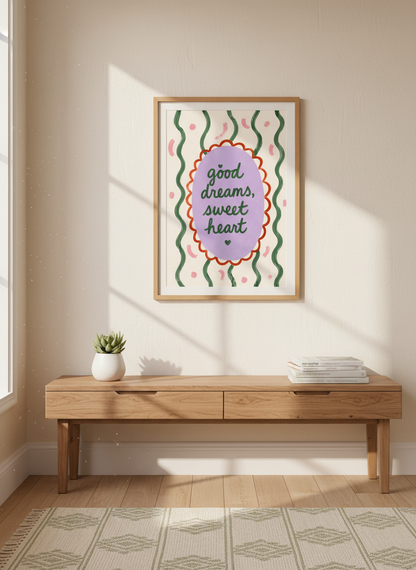 Good Dreams Sweet Heart Wall Art | Nursery Decor | Whimsical Quote Print