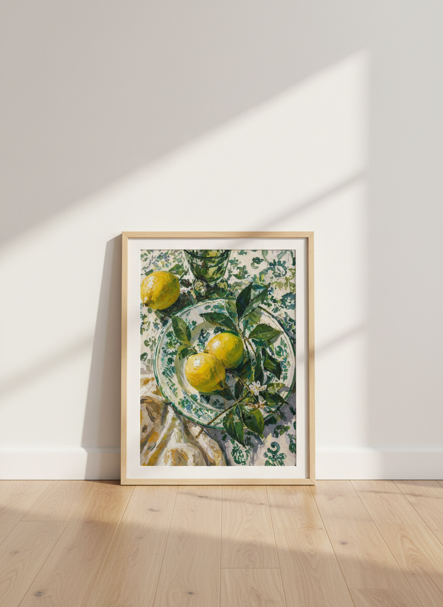 Lemon Still Life Print | Green &amp; Yellow Mediterranean Decor | Impressionist Poster