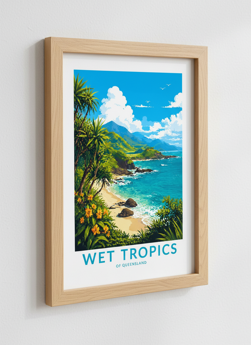 Queensland Travel Poster | Tropical Coastal Wall Art, Australian Beach Decor