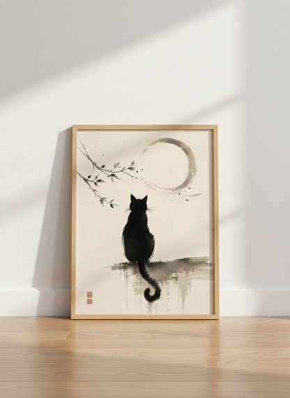 Japanese Black Cat Moon Wall Art | Minimalist Ink Poster | Zen Living Room Decor