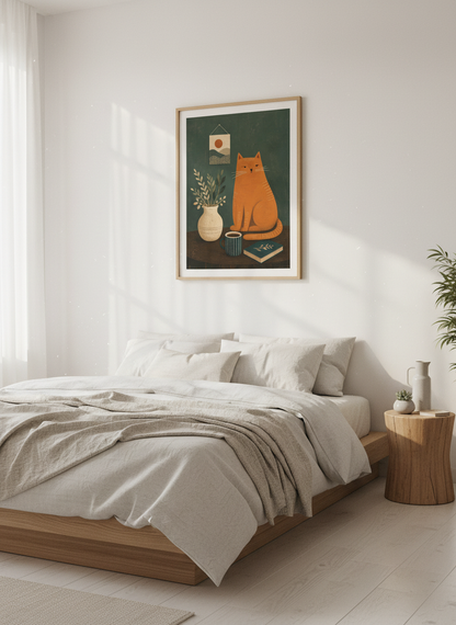 Ginger Cat &amp; Coffee Wall Art | Whimsical Folk Style, Kitchen &amp; Home Decor