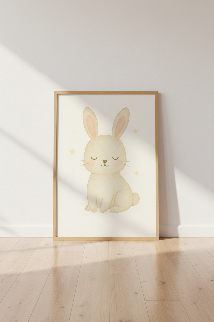 Cute Bunny Wall Art Print | Nursery Decor | Boho Kawaii Framed Poster Decor | Sleepy Rabbit Kids Room Art Ready to Hang