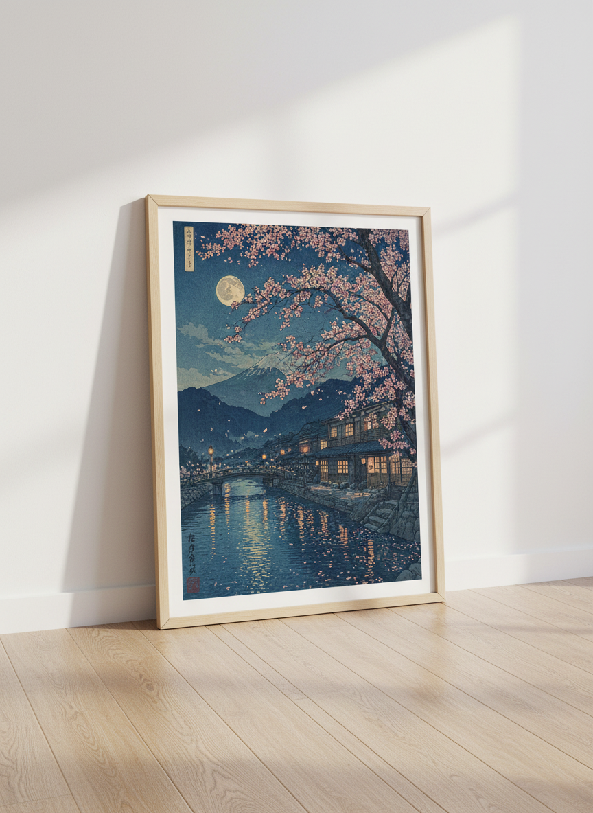 Mount Fuji Cherry Blossom Print | Japanese Night Landscape, Bedroom Decor Art