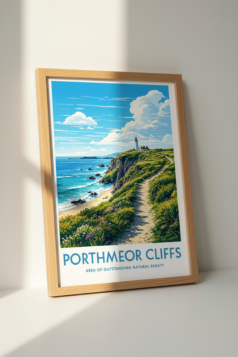 Porthmeor Cliffs Coastal Wall Art | Blue Lighthouse Print, Cornwall Decor