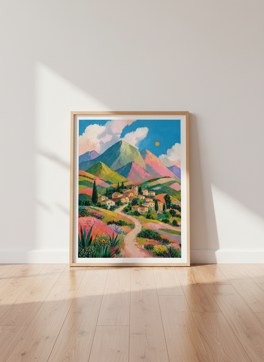 Mountain Village Wall Art Print | Colorful Mediterranean Landscape | Impressionist Poster