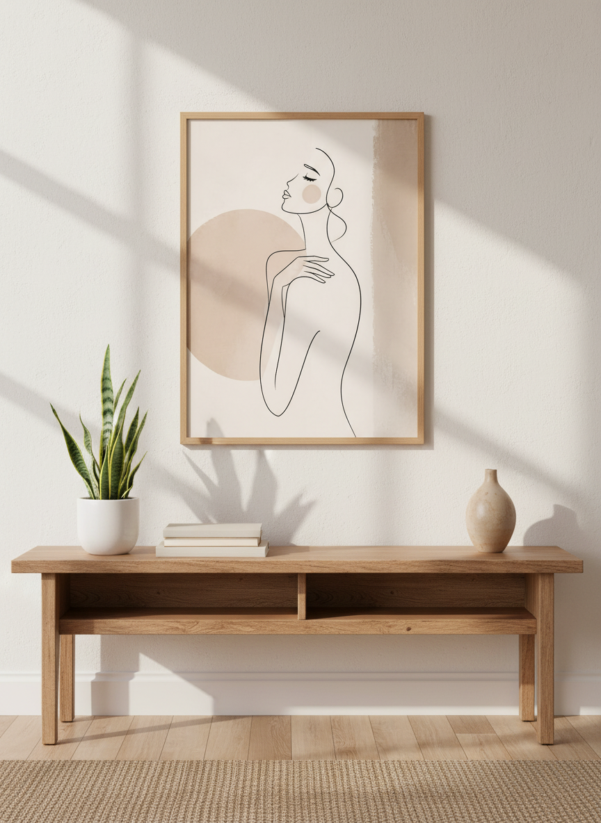 Minimalist Woman Line Art Print | Abstract Nude Figure, Beige Gallery Wall Decor