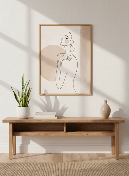 Minimalist Woman Line Art Print | Abstract Nude Figure, Beige Gallery Wall Decor