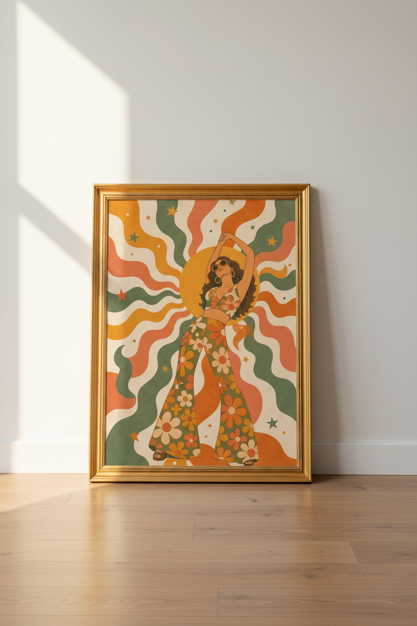 retro 70s wall art | groovy floral boho, living room decor