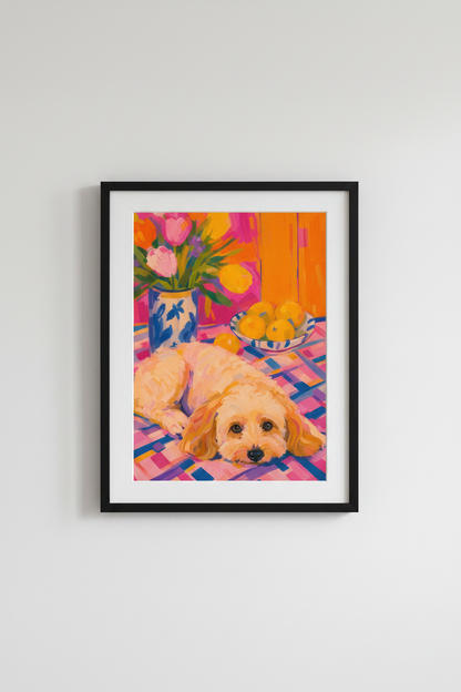 Vibrant Dog Poster | Bold Floral Palette, Living Room Decor