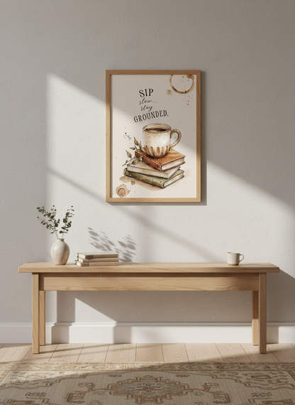 Sip Slow Stay Grounded Coffee Poster | Neutral Brown Cozy Kitchen Decor Art Print
