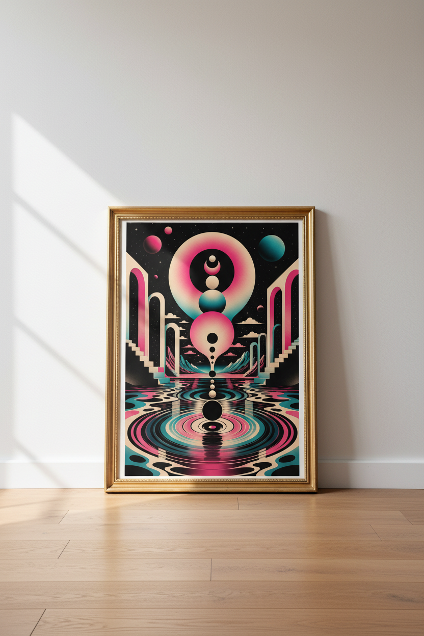retro cosmic poster | futuristic pink teal, living room art