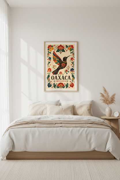 Oaxaca Hummingbird Wall Art | Mexican Folk Flower Poster | Colorful Boho Kitchen Decor