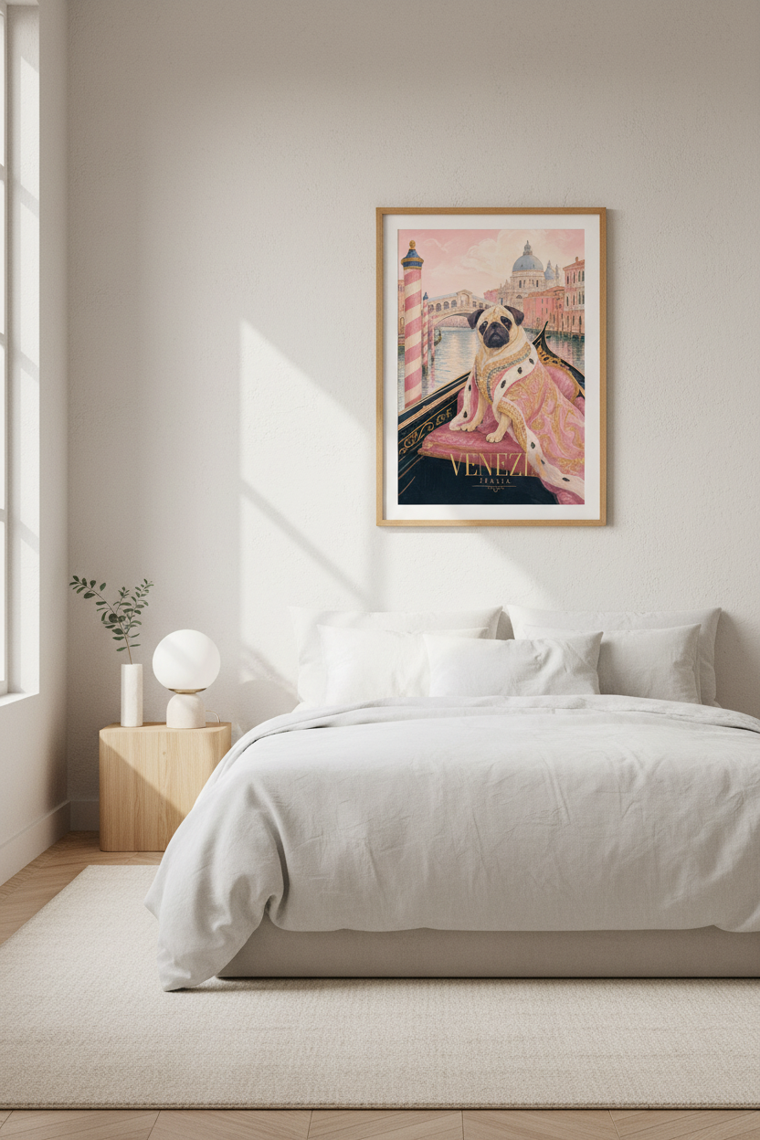 Regal Pug in Venice Wall Art Print | Pink Italian Decor | Whimsical Pet Poster