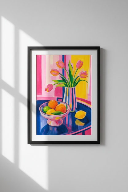floral poster print | bold pink yellow stripes, kitchen decor
