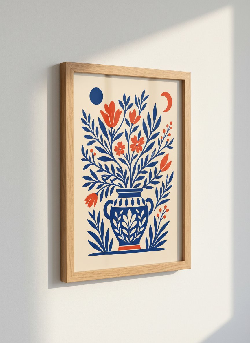 Abstract Floral Folk Art Print | Blue and Orange Botanical Wall Art, Modern Home Decor