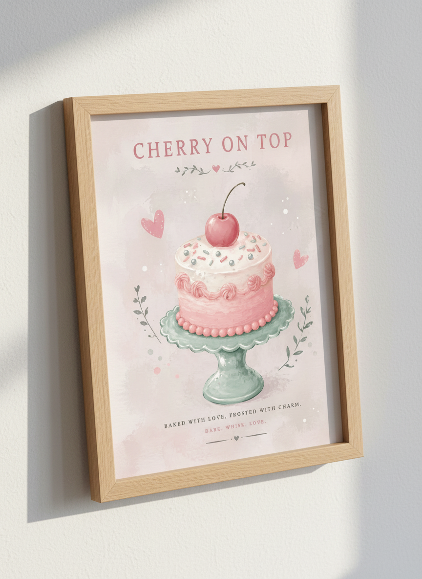 Cherry Cake Painting | Pink Pastel Watercolor, Kitchen &amp; Nursery Wall Art Print