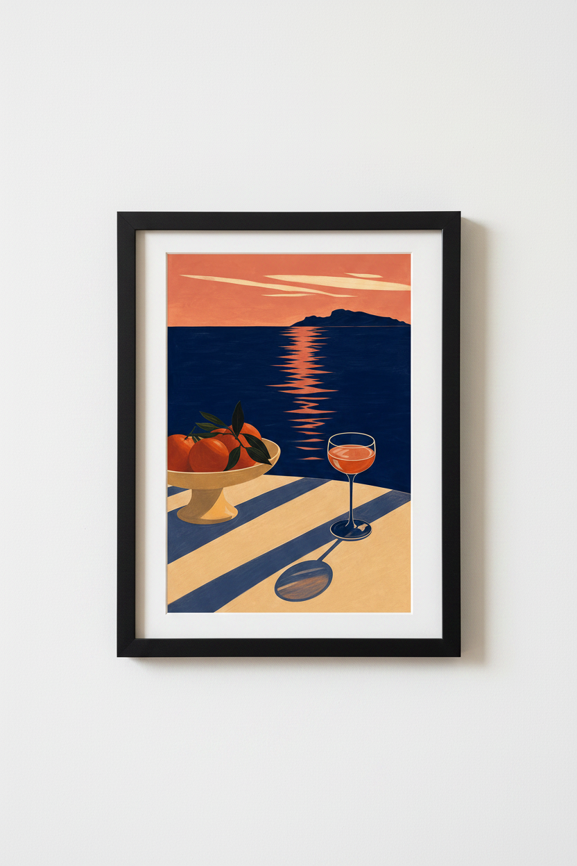 coastal still life | midcentury navy coral dining decor