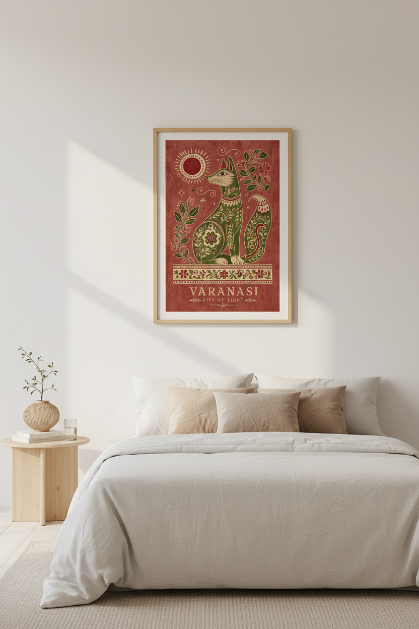 Folk Art Varanasi Fox Wall Art | Terracotta Boho Decor | India Travel Poster