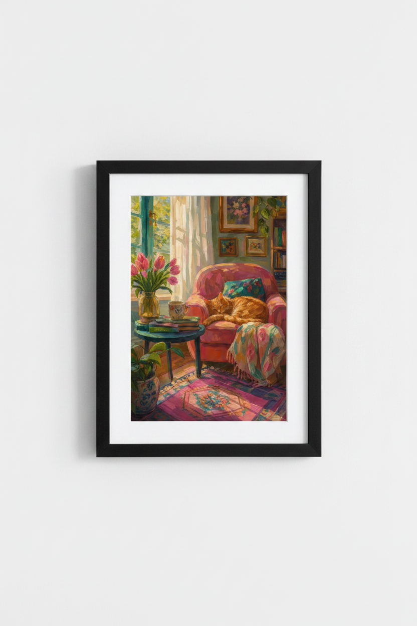 Cozy Cat Wall Art | Impressionist Floral Pink Living Room Decor