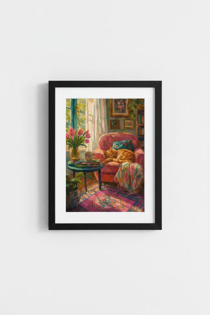 Cozy Cat Wall Art | Impressionist Floral Pink Living Room Decor