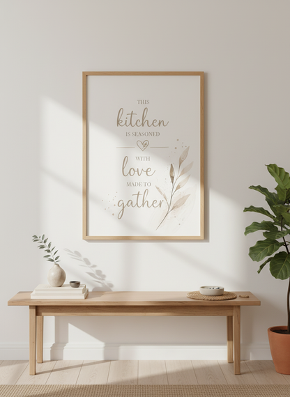 Kitchen Wall Art | Seasoned with Love Gather Quote, Rustic Farmhouse Decor