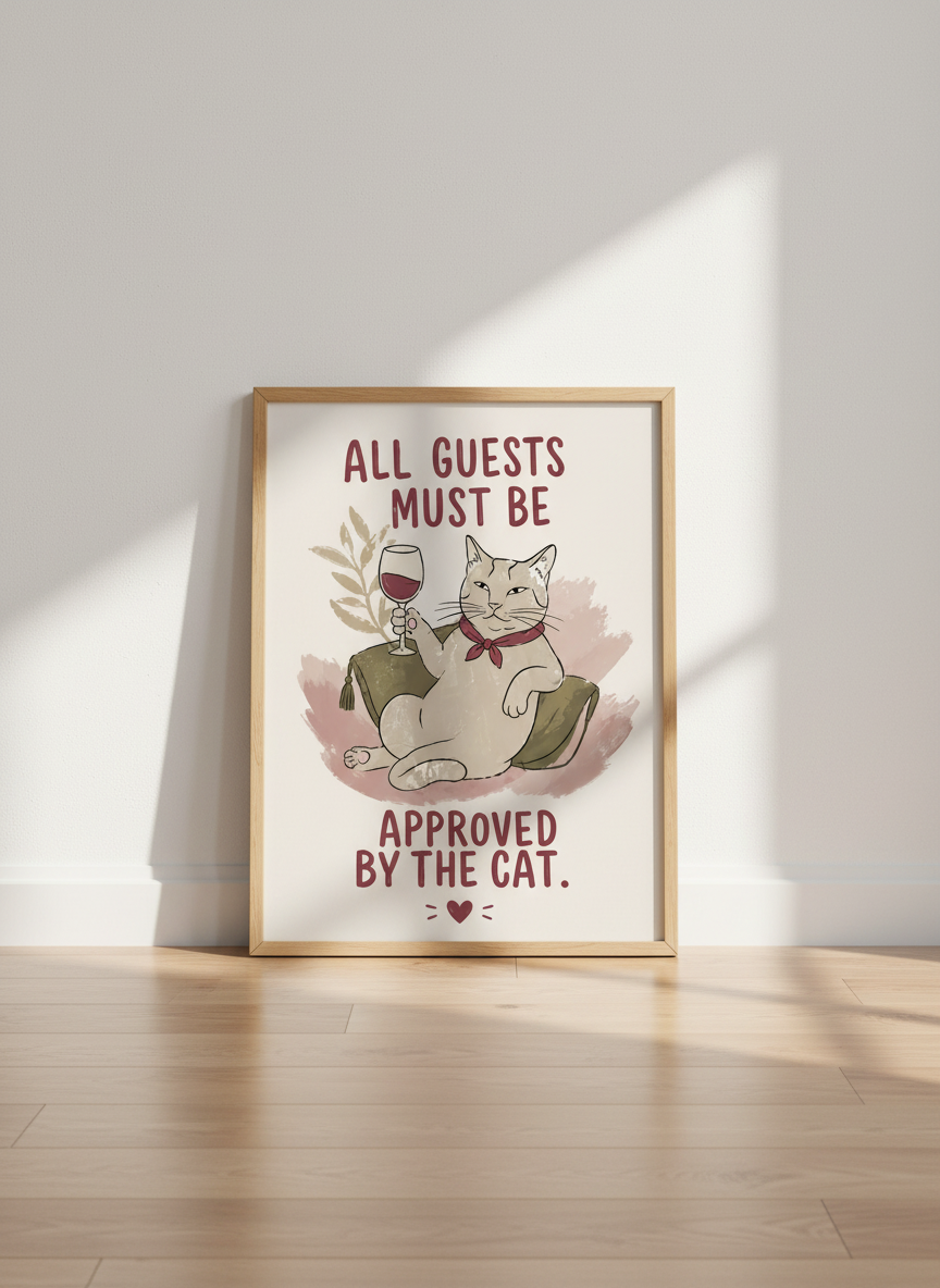 Funny Cat Wine Wall Art | Muted Boho Guest Room Poster, Cat Lover Gift