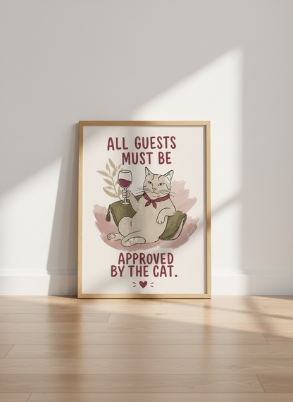 Funny Cat Wine Wall Art | Muted Boho Guest Room Poster, Cat Lover Gift