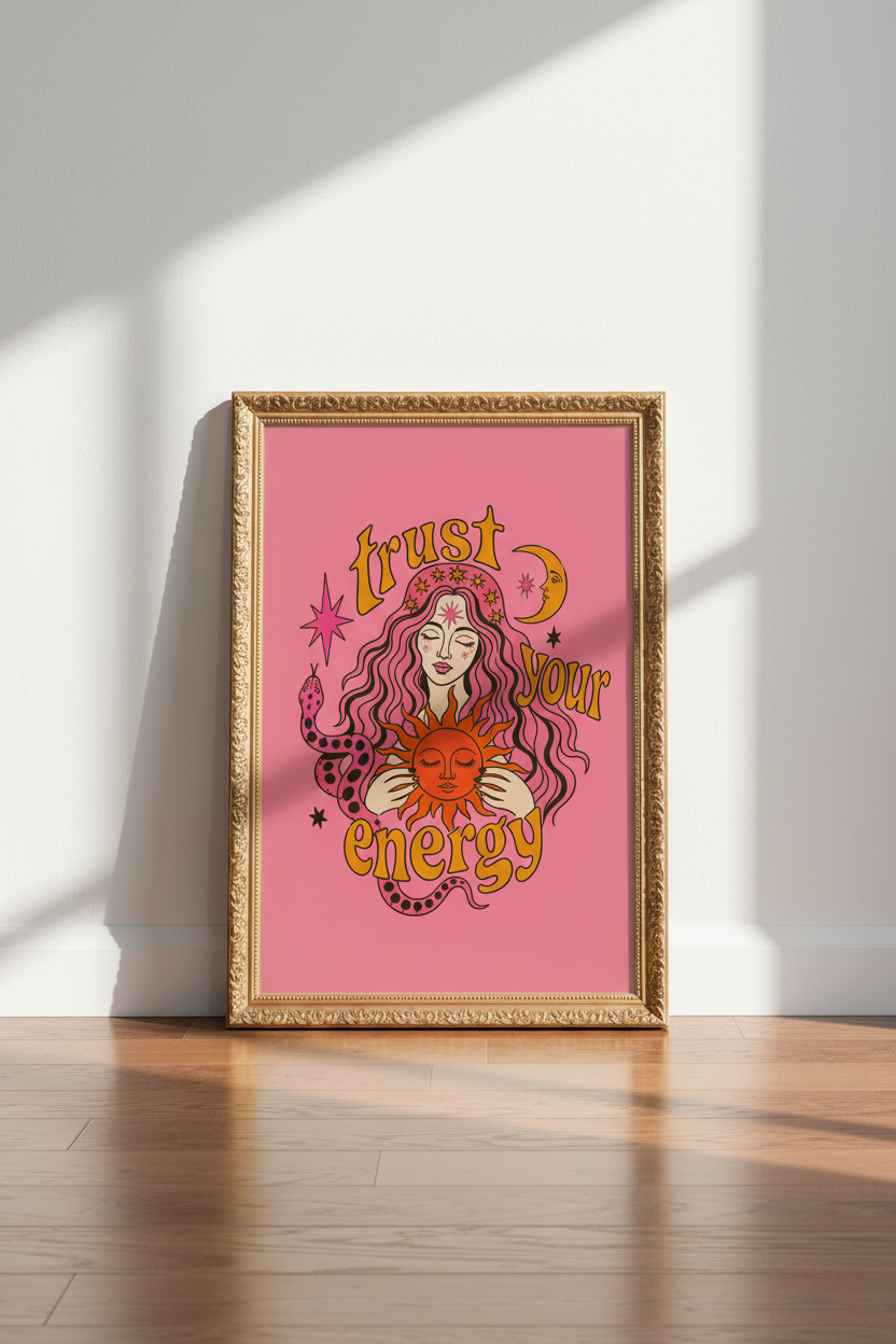 psychedelic sun art | retro pink orange boho, bedroom decor