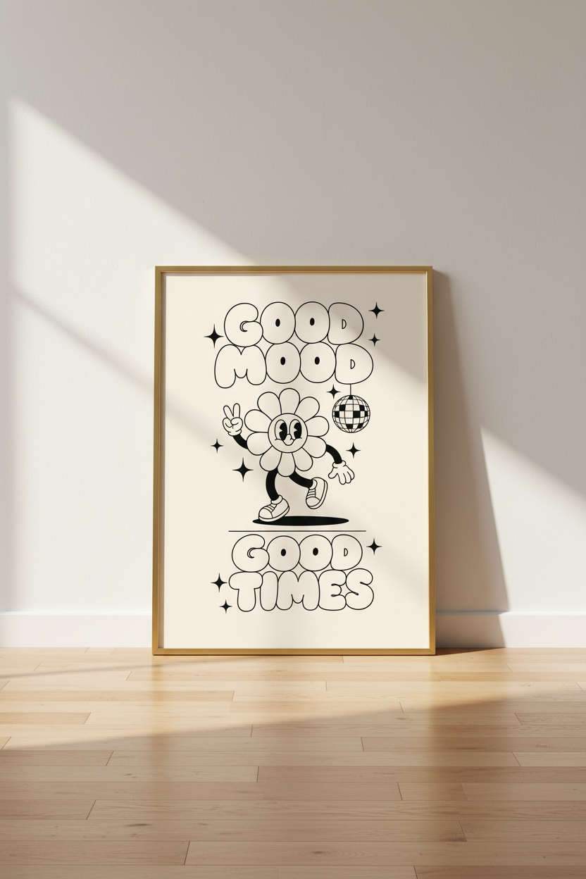 Retro Flower Poster | Line Art Cream, Living Room Decor