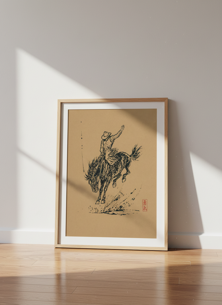 Rodeo Cowboy Horse Print | Ink Brush Western Decor | Minimalist Poster