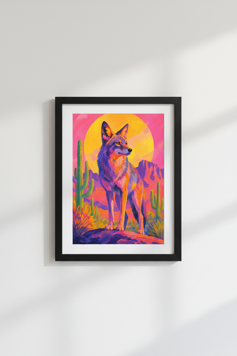 Neon Coyote Poster | Vibrant Desert Accent, Living Room
