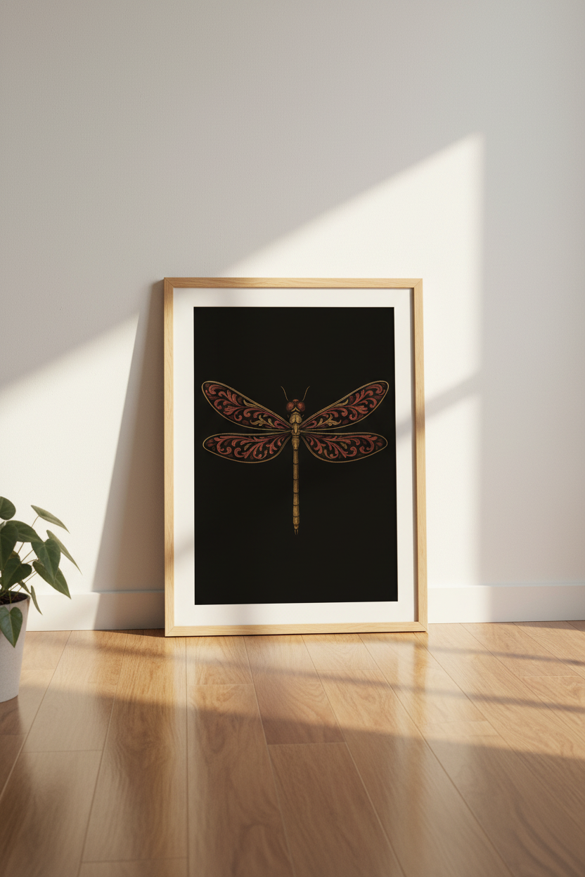 Intricate Dragonfly Wall Art Print | Boho Bedroom Decor | Rustic Gold &amp; Red Framed Wall Art, Ready to Hang Abstract Insect Poster