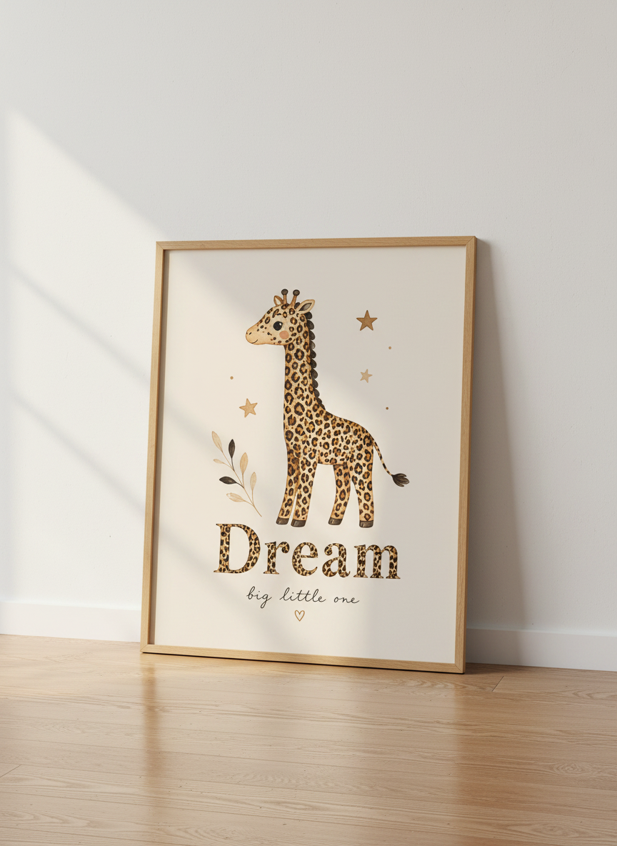 Watercolor Giraffe Dream Big Wall Art | Safari Nursery Decor | Boho Animal Poster