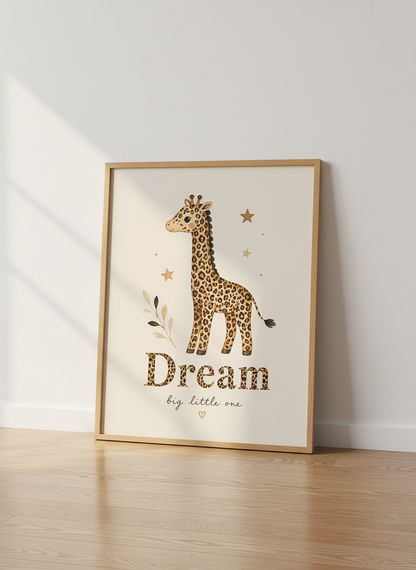 Watercolor Giraffe Dream Big Wall Art | Safari Nursery Decor | Boho Animal Poster