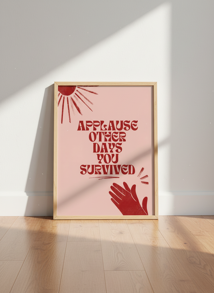 Retro Survival Quote Wall Art | Pink &amp; Red Groovy Poster, Home Office Decor