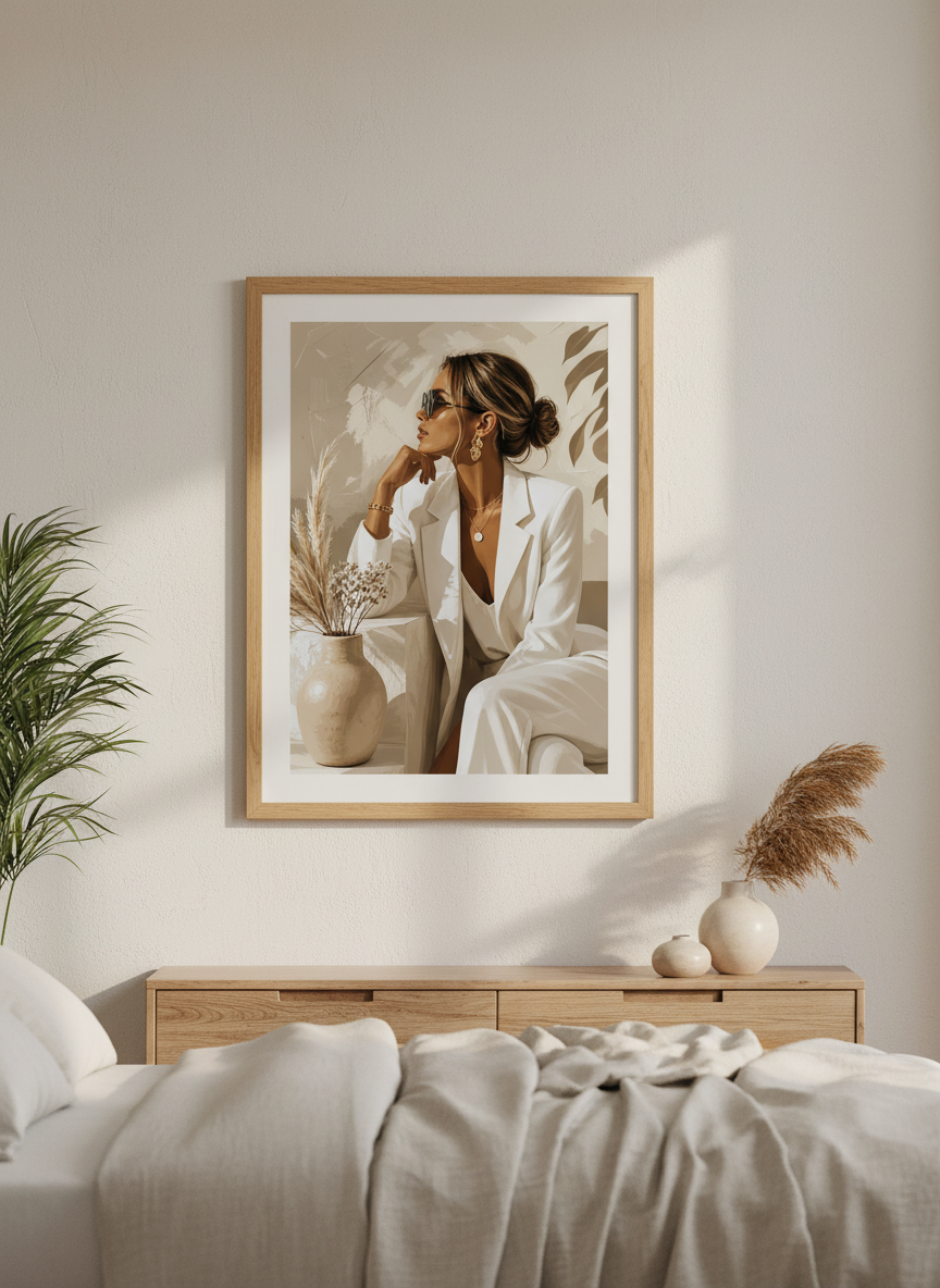 Fashionable Woman in White Suit Art Print | Neutral Beige Decor | Chic Boss Babe Poster