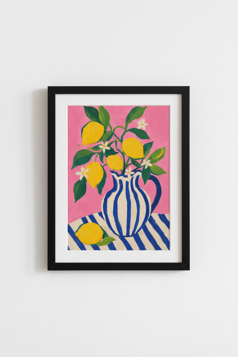lemon wall art print | modern citrus pink blue, kitchen decor