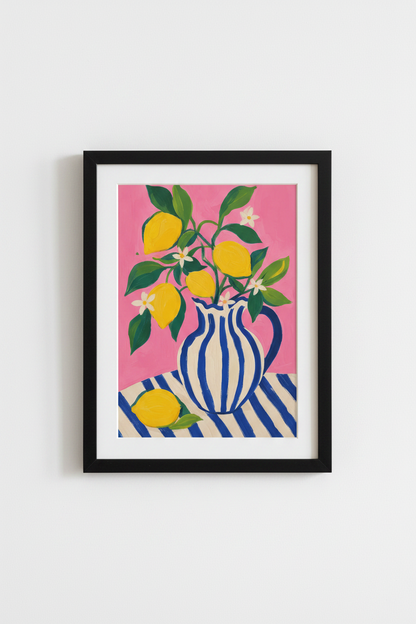 lemon wall art print | modern citrus pink blue, kitchen decor
