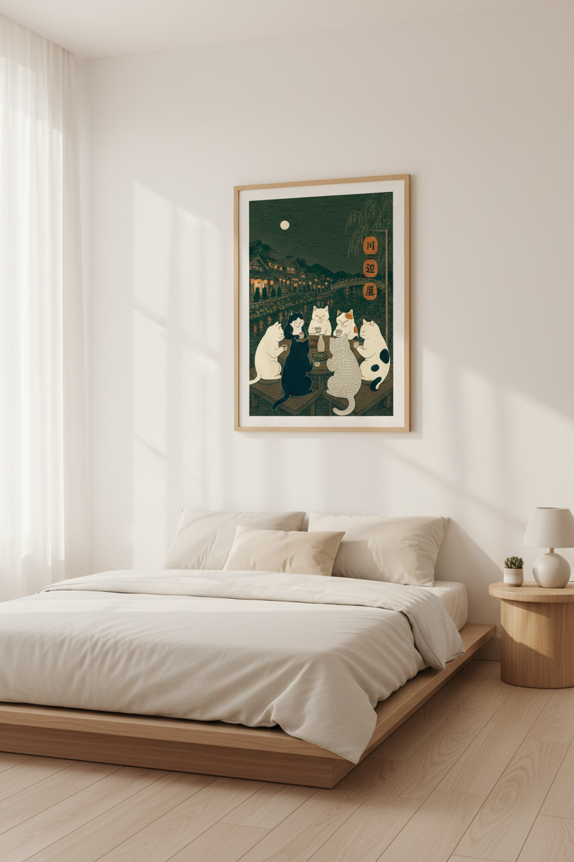 Japanese Cats Tea Party Art | Ukiyo-e Moonlit River Scene, Zen Living Room Decor
