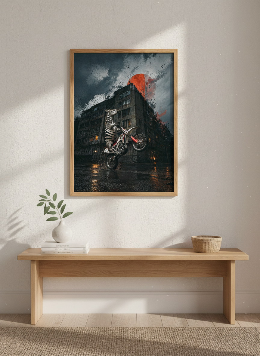 Zebra on Motorcycle Art Print | Biker Wall Decor | Surreal Animal Poster Gift