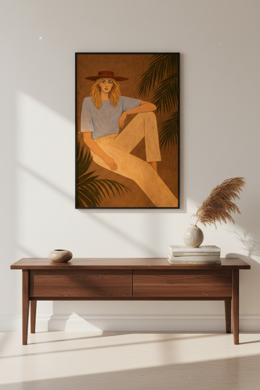 Boho Woman Portrait Wall Art Print | Mid-Century Modern Living Room Decor | Minimalist Framed Art Poster