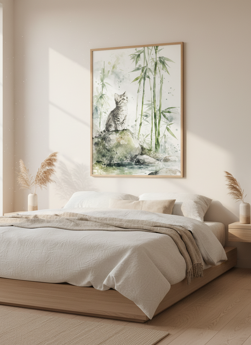 Watercolor Tabby Cat in Bamboo Wall Art | Sage Green Nature Decor | Zen Kitten Poster